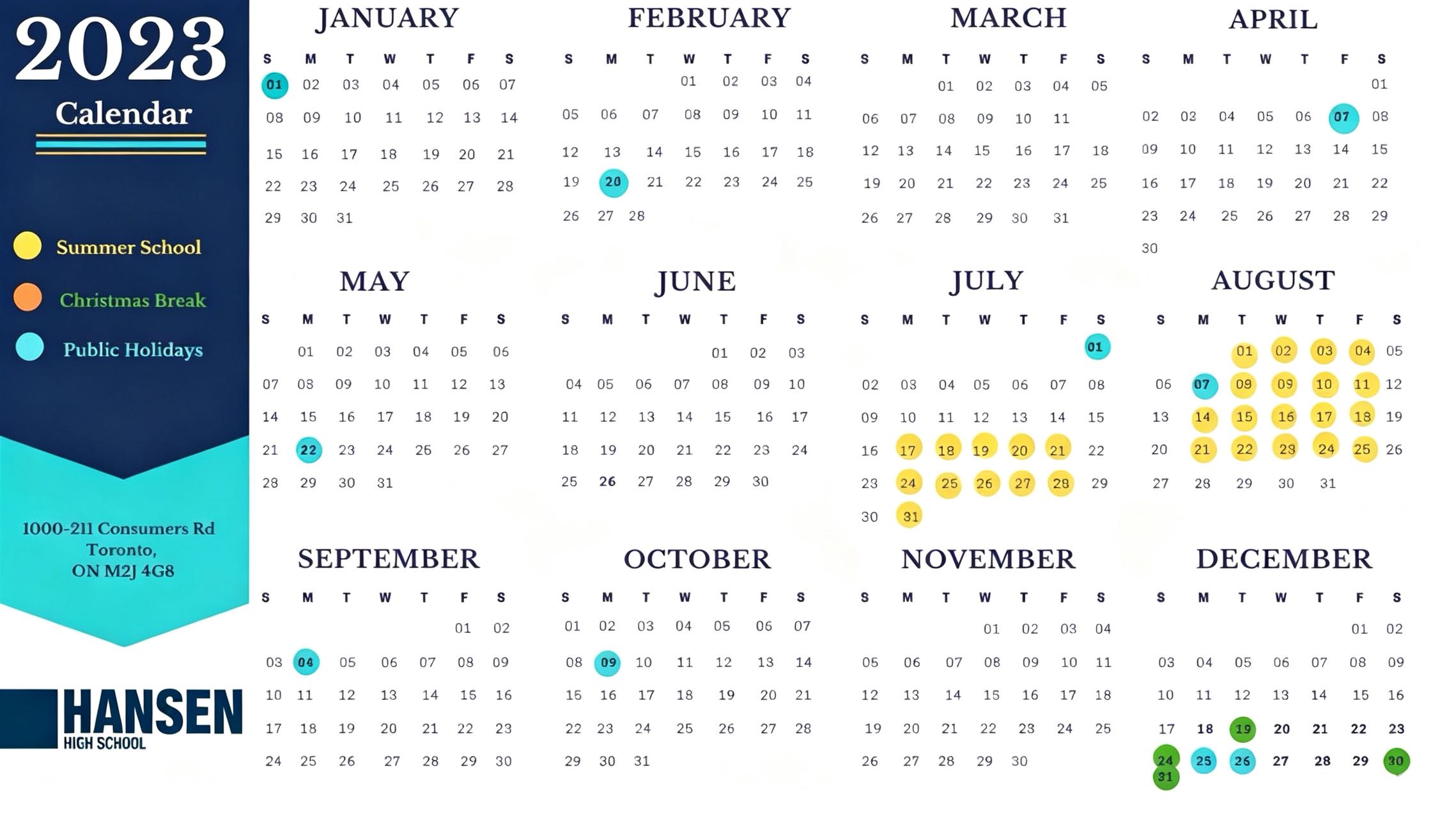 Schedule of the 2020 school year for Hansen Academy